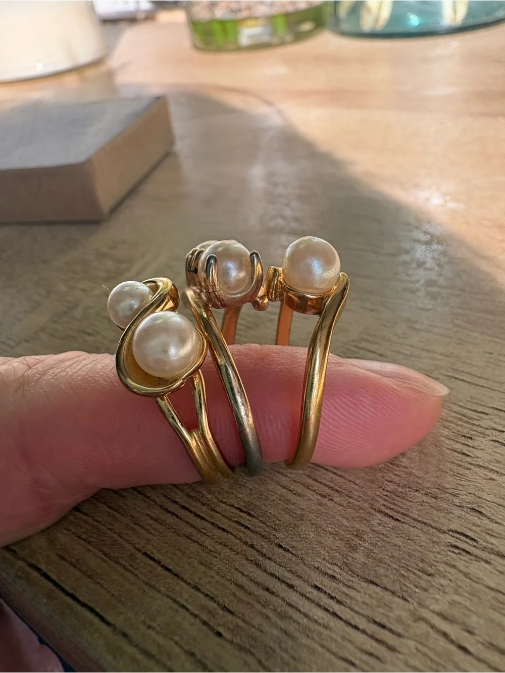 Set of 3 Gold Pearl Accent Rings - Women Jewelry